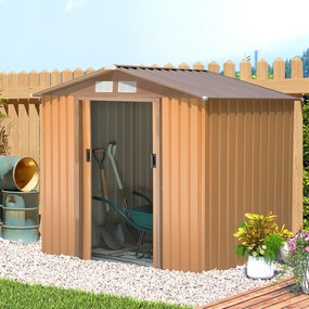 Abrigo de Jardim 213x130x185cm Abrigo de Jardim Metálico de Exterior com 2 Portas Deslizantes e 4 Janelas Castanho Claro