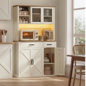 Armário de arrumação cozinha com iluminação e estação de carregamento em estilo rústico 39,5 x 106,5 x 180,6 cm Branco