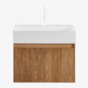 Conjunto De Móvel De Casa De Banho Suspenso Em Madeira Com Lavatório Integrado Aldeia Sem Espelho & Castanho Fresno & Branco ↑20 Cm Com Válvula De Dre