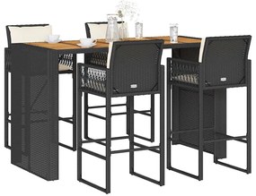 5 pcs conjunto de bar jardim c/ almofadões vime PE/acácia preto