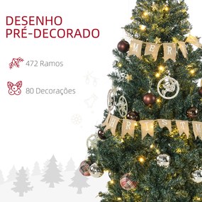 Árvore de Natal Artificial com 100 Luzes LED 472 Ramos e 80 Decorações para Interior Aço Ø91x150 cm Verde