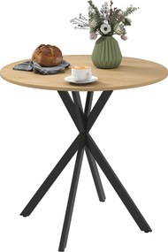 Mesa de Jantar Redonda, 80 x 80 x 75 cm (CADEIRAS NÃO INCLUIDAS), Estrutura Cruzada em Aço, cor Madeira natural e preta
