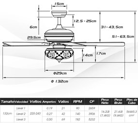 Ventilador de Tecto com Controlo Remoto com 2 Varas 3 Velocidades 5 Lâminas Reversíveis com Temporizador Branco