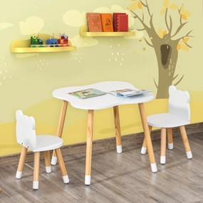 Conjunto Infantil de Mesa e 2 Cadeiras de Madeira Móveis Infantil para Sala de Jogos Dormitório de Crianças Mesa 56x56x50cm e Cadeira 28x25x46cm Branc