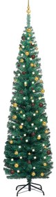 3077806 vidaXL Árvore de Natal artificial fina c/ luzes LED/bolas 240 cm verde