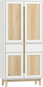 Armário alto de cozinha, armário de cozinha com 4 portas, 2 gavetas e prateleiras ajustáveis, 80 x 35 x 170 cm, branco e carvalho