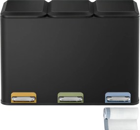 Caixote de lixo 60,5 x 38,8 x 42,7 cm com 3 baldes internos de 15 litros, com pedal em aço Preto