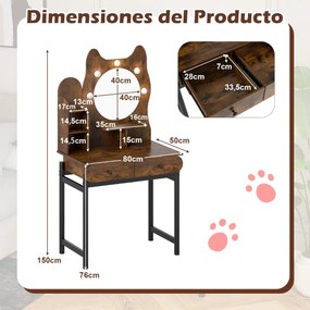 Toucador com espelho e luzes 80 x 50 x 150 cm em forma de gatinho com 3 modos de iluminação e brilho ajustável e 2 gavetas Castanho