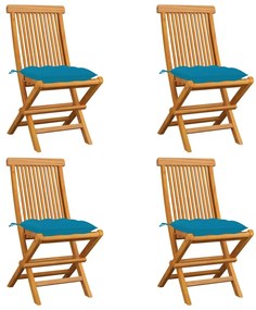Cadeiras de jardim c/ almofadões azul-claro 4 pcs teca maciça