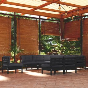 vidaXL 10 pcs conjunto lounge jardim c/ almofadões pinho maciço preto