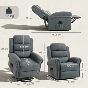 Poltrona Elevatória Elétrico, 87,5 x 87 x 108 cm, Massagem e Aquecimento, Cinzento