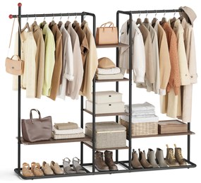 Varal de roupas com prateleiras e cabides. | SONGMICS HOME | 163,6 x 33,8 x 175,3 cm | castanho natural|preto | RGR012B01.