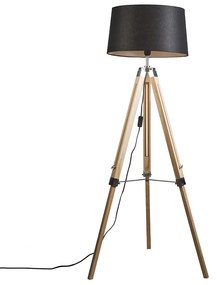 Candeeiro de pé natural com abajur de linho preto 45 cm - Tripod Design,Industrial,Retro