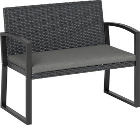 Outsunny Banco de jardim 2 lugares, banco de exterior em resina trançada PE com almofada, aço galvanizado, 103x58x78cm, cinza e preto | Aosom Portugal