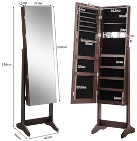 Espelho Armário Guarda Joias com Espelho de Corpo Completo 2 em 1 Organizador de Armazenamento de Jóias 3 Ângulos Ajustáveis 41 x 36 x 156 cm Castanho