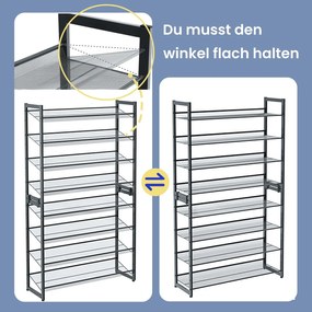 Sapateira com 8 níveis 92,5 x 30,7 x 163,5 cm, organizador de sapatos, 2 estantes empilháveis com 4 níveis cinzento