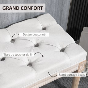 Banco de cama estofado, estilo vintage francês 117 C x 40 P x 48 A cm, com revestimento em tecido com aspeto de linho e pés em madeira maciça de cor c