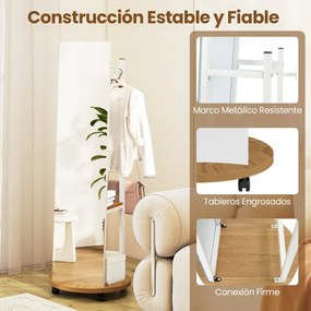 Espelho Pé de corpo inteiro com Cabide 45 x 135 cm, ganchos, estantes e rodas giratórias de 360° para quarto, armário ou hall de entrada, branco e nat