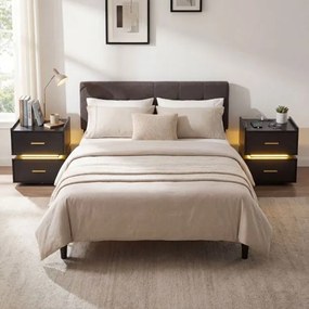 Mesa de cabeceira com base de carregamento LED, 2 gavetas, arrumação semi-suspensa e base metálica 45 x 40 x 48 cm Preta