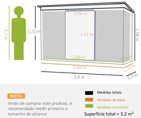 Abrigo de Jardim 280x130x172 cm Abrigo de Exterior de Aço Galvanizado com Porta Corredeira e Ventilações Cinza