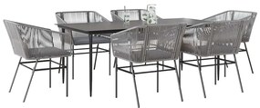 Conjunto jantar jardim 7 peças almofadas vidro vime cinzento PE