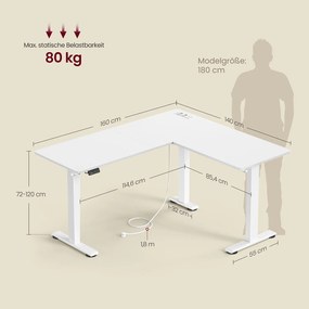Secretária de canto em L com altura ajustável eletricamente e estação de carregamento 140 x 160 x 72–120 cm Branco