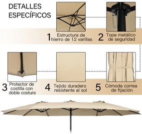 Guarda-sol duplo de 451,5 cm com base Sistema de manivela Estrutura metálica com 12 varas Ventilação para jardim Bege
