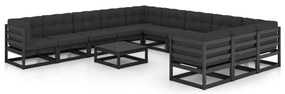 12 pcs conjunto longue jardim c/ almofadões pinho maciço preto
