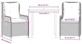 3 pcs conjunto de jantar p/ jardim c/ almofadões vime PE cinza