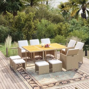 vidaXL 11 pcs conjunto jantar p/ jardim c/ almofadões vime PE bege