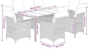 7 pcs conjunto de jantar p/ jardim c/ almofadões vime PE cinza