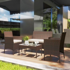 Conjunto de Jardim em Vime com Almofadas Móveis de Exterior com 2 Poltronas Sofá de 2 Lugares Mesa com Vidro Castanho e Bege