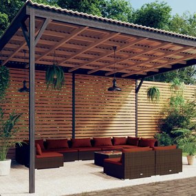 vidaXL 10 pcs conjunto lounge jardim c/ almofadões vime PE castanho