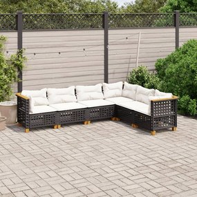 6 pcs conjunto sofás de jardim c/ almofadões vime PE preto