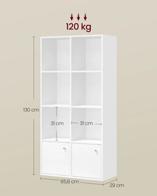 Estante com 4 prateleiras e 2 compartimentos 29 x 65,8 x 130 cm com portas em branco