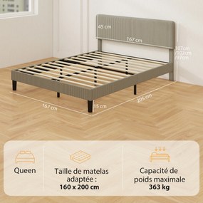 Cama de Casal Estofada, 205 x 167 x 107 cm (COLCHÃO NÃO INCLUIDO), Cabeceira Ajustável, Cinzento