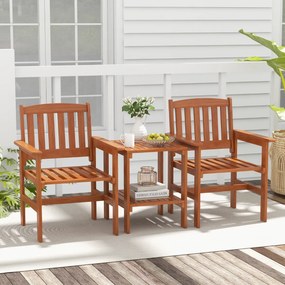 Conjunto de mesa e cadeira jardim de 3 peças para pátio Assentos de madeira para conversação ao ar livre com furo para guarda-sol Castanho