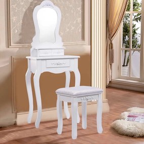 Toucador com Espelho "Freya" em MDF Branco com 3 Gavetas e Banco Acolc
