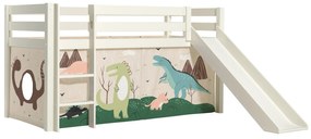 Cama alta de Criança PINO 90 x 200 cm + estrado + escada + escorrega + cortina Dinossauros Branca