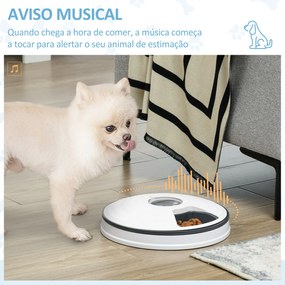 Comedouro Automático para Cães e Gatos com Temporizador Ecrã LED Digital 6 Tigelas 128 ml e 4 Comidas Diárias Ø30,5x7,2 cm Branco