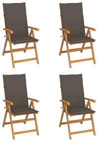 Cadeiras de jardim c/ almofadões cinza-acast. 4 pcs teca maciça