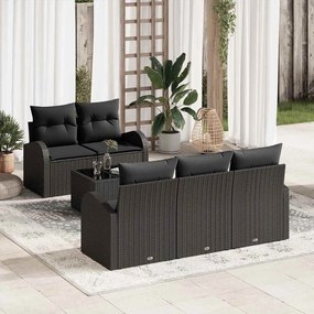 vidaXL Conjunto de Sofás de Jardim de 6 Peças com Almofadas Pretas de Vime PE