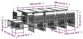 13 pcs conj. jantar jardim c/ almofadões vime PE bege misturado