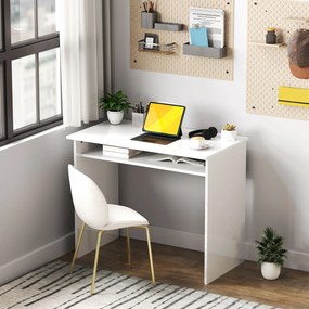 Secretária de escritório simples, elegante e compacta com 1 prateleira, em aglomerado, dim. 90 x 50 x 74 cm, lacada a branco