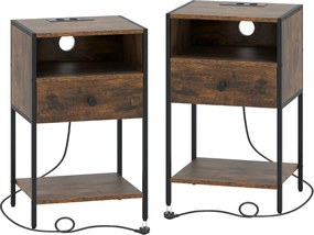 Conjunto de 2 mesas de cabeceira, mesas apoio 40 x 32 x 65 cm com Estação de carregamento, Compartimento aberto Gaveta Castanho Rústico
