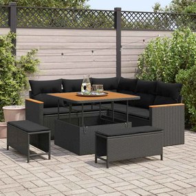 Conjunto de Sofá Jardim em 8 Peças com Almofadas Preto Rattan Poliéster e Acácia