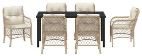 Conjunto de Jantar Jardim 7 Peças com Almofadas Bejas em Rattan Sintét