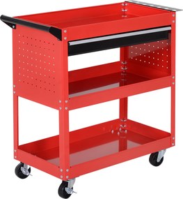 DURHAND Carrinho de Ferramentas com 3 Bandejas e Gaveta Rodas com Travões Pega Lateral Painel Lateral Perfurado 82x35x76 cm Vermelho | Aosom Portugal