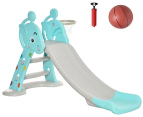 HOMCOM Escorrega Infantil Dobrável com Cesta de Basquetebol para Crianças acima de 18 meses Modelo Girafa para Interiores e Exteriores 140x87x75cm Azul e Cinza