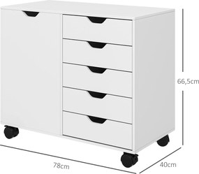 Móvel de arrumação para escritório com 5 gavetas, 1 porta, prateleira ajustável e rodas, 78 x 40 x 66,5 cm, branco